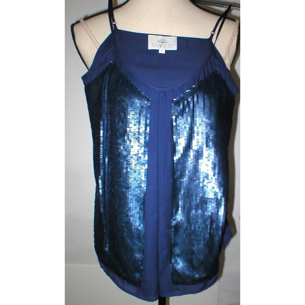 New Womens Designer Madison Marcus Silk Sequin Blouse Top Cami XS Dark Blue Tank